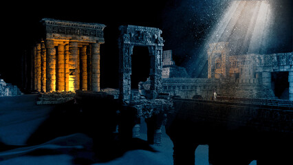 Obraz premium Explorer and archaeologist, worlds disappeared. Ancient civilizations, secrets and mysteries. Temples and structures. Discoveries of buildings from the past. Archeology and studies. Adventure