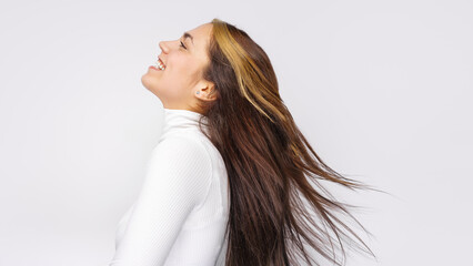 Close up photo amazing beautiful her she lady weekend vacation wind blowing hair flight healthy...