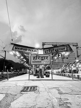 Indian railway station platform black and white