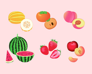 참외 감 복숭아 수박 딸기 자두 과일 모음 벡터 일러스트