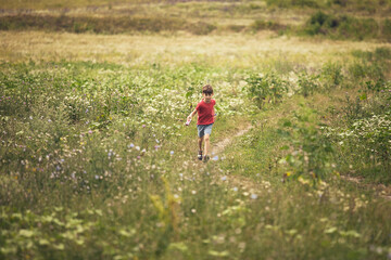 Naklejka na ściany i meble Small boy in red T shirt running through green field