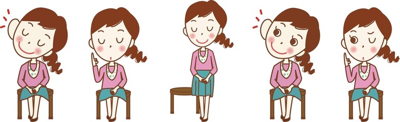 椅子に座って話を聞いている女性のセットイラスト。