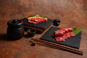 Japanese Food style  : The premiums sliced Wagyu beef put on the plate for ready to cooking or grill