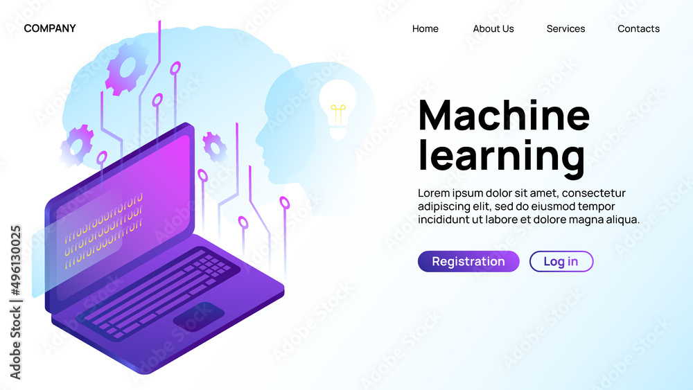Poster machine learning web banner. landing page. vector illustration