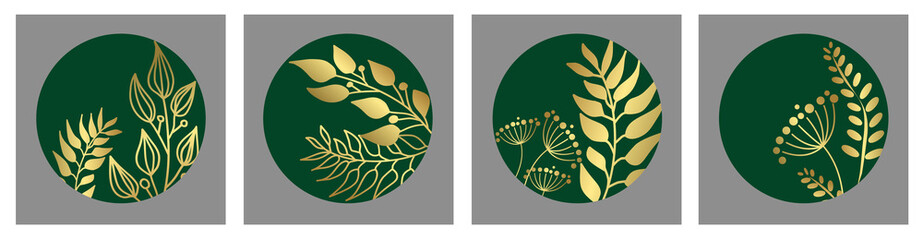 Set of abstract posters with golden branches and leaves on a green background. Botanical elements placed in a circle on a gray background. Flat design. Vector for print, cover and wall art.