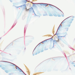 Watercolor seamless background with butterfly isolated.