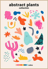 Collection of trendy doodles and abstract symbols of nature and plants on isolated background. Large collection, unusual organic forms in art-matisse style by hand.