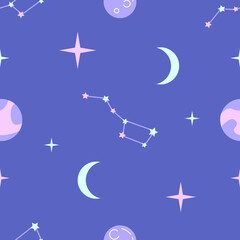 Space cute cartoon seamless pattern. Colorful childish repeating texture for apparel, fabric design. Cool vector background. Constellation, star, planet on pastel violet background