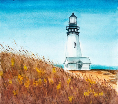 Watercolor postcard with lighthouse.