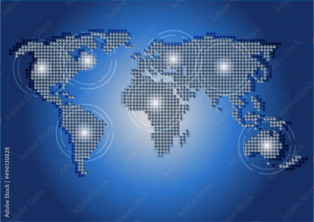 Poster dots of world map and wire frame vector background.