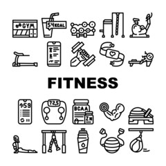 Fitness Gym Sportive Equipment Icons Set Vector. Athlete Fitness Exercise On Rowing Machine And Bike, Nutrition For Muscle And Water Drink Bottle, Scale Phone Application Black Contour Illustrations
