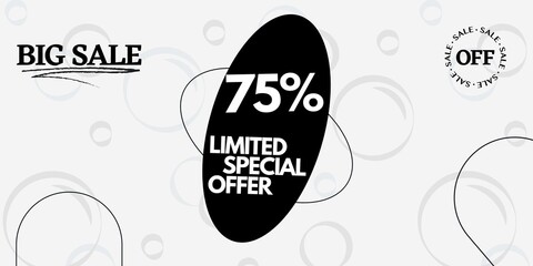 75% off limited special offer. Banner with seventy five  percent discount on a white background with black circles