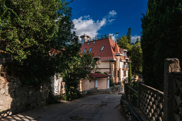 Fototapeta na wymiar Beautiful modern house in the style of a medieval castle in Gurzuf in the Crimea