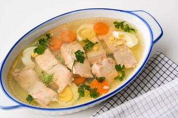 Trout fish in aspic with vegetables. Fish in jelly. Fish with gelatin.