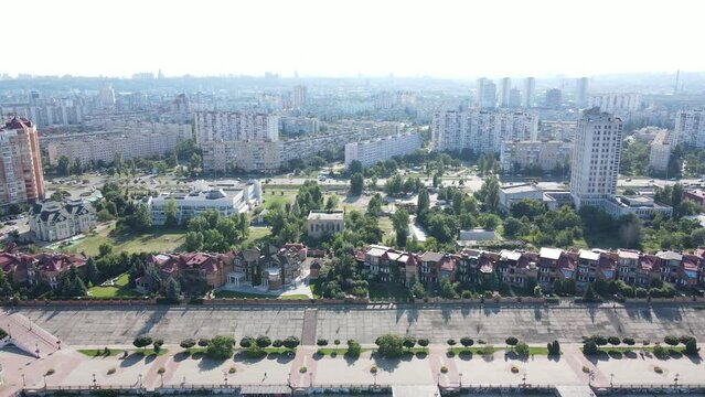  Obolon district, Kyiv Ukraine. Obolon embankmen before the war in Ukraine. Aerial view