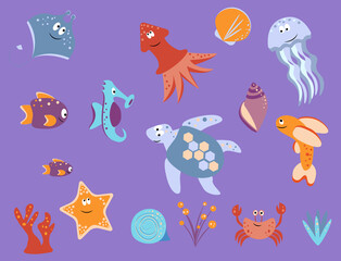 Fototapeta na wymiar Set with marine inhabitants, starfish, squid, jellyfish, turtle, crab, stingray fish, seahorse, fish, shells, algae. Sea creatures.