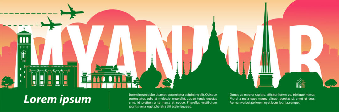 myanmar top famous landmarks silhouette style,travel and tourism,vector illustration
