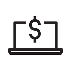 Money and laptop icon in outline style on white background.