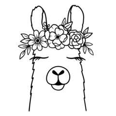 Cute Llama Line Art. Llama with Flower Crown. Llama sketch vector illustration. Good for posters, t shirts, postcards. © Irina Ostapenko