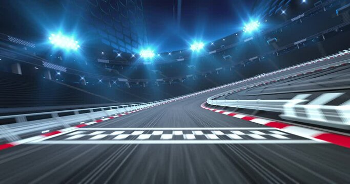Asphalt racetrack with tire prints and illuminated racing circuit at night ride. Professional automotive and sports 4K video in seamless loop.