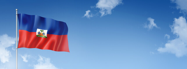 Haitian flag isolated on a blue sky. Horizontal banner