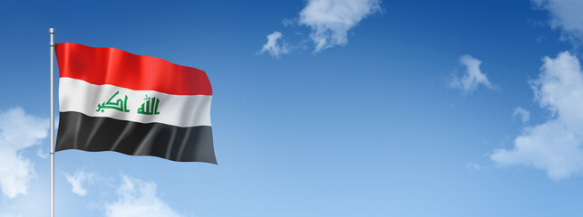 Iraqi flag isolated on a blue sky. Horizontal banner