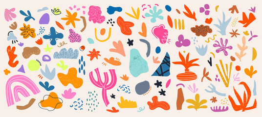 Fototapeta na wymiar Big collection of minimalistic aesthetic doodles and abstract bright elements on isolated background. Large collection of elements, unusual shapes in matisse art style hand-drawn