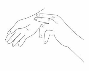 Pulse measurement. The hand measures the pulse. Outline drawing