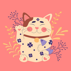 Maneki neko, japanese lucky cat, fortune symbol. Cute kitty character of oriental flat vector illustration