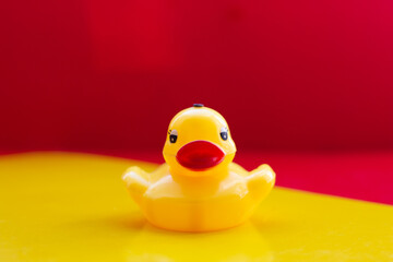 Yellow rubber duck with big red lips on a yellow-red background with space for text. Yellow toy duck. Artificial big lips. Botox lips. Duck lips. Copy space. High quality photo