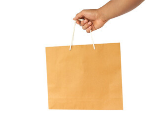 Close up hand holding brown paper bag isolated on white backgroun.