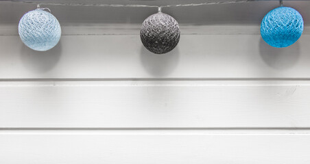 3 festive balls element decoration object interior celebration design against a background of white wooden texture copy space blank empty
