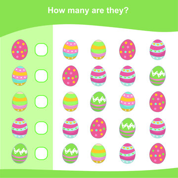 How many are they game. Counting easter items for preschool. Cute math worksheet. Educational printable math worksheet. Count items in the picture and write the result.