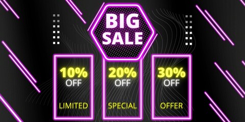 Naklejka premium 10% off, 20% off, 30% off. Banner with ten, twenty and thirty percent discount on a black background with purple neon square