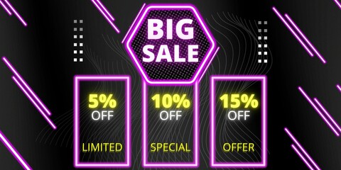 Naklejka premium 5% off, 10% off, 20% off. Banner with five, ten and fifteen percent discount on a black background with purple neon square