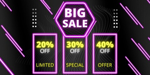 Naklejka premium 20% off, 30% off, 40% off. Banner with twenty, thirty and forty percent discount on a black background with purple neon square