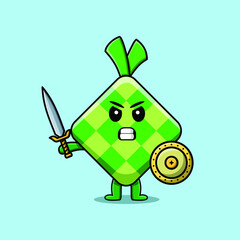 Cute cartoon character Ketupat holding sword and shield in modern style design