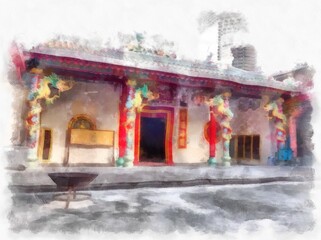 landscape of ancient chinese shrine building watercolor style illustration impressionist painting.
