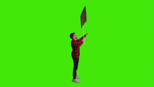 An angry gentleman is striking with a playcard in his hands on greenscreen