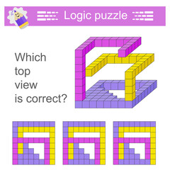 Logic puzzle. Which top vıew is correct? IQ training test. Printable worksheet
