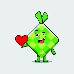 Cute cartoon ketupat character holding big red heart in modern style design 