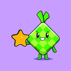 Cute cartoon ketupat character holding big golden star in cute modern style design