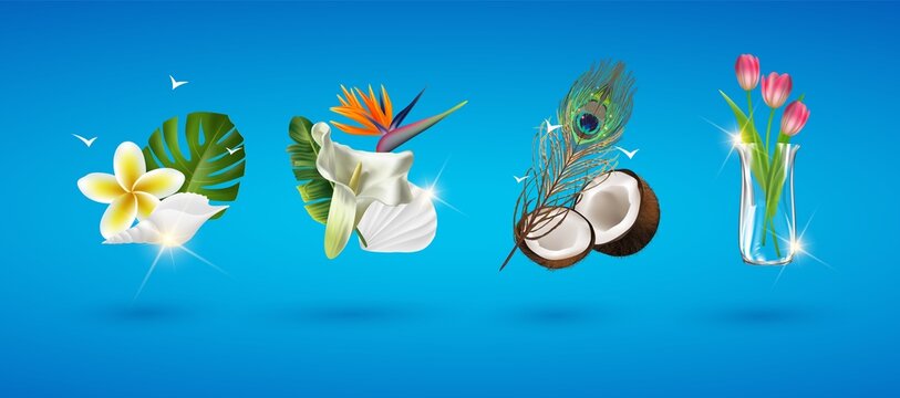 Realistic 3D vector summer holidays symbols objects set. Vector tropical flowers and palm leaves, coconut, peacock feather, tulips in a glass vase
