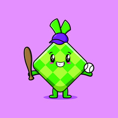 Cute cartoon ketupat character playing baseball in modern style design