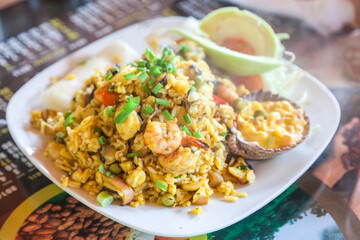Peruvian food. Rice with seafood.