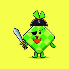 Cute cartoon mascot character ketupat pirate with hat and holding sword in modern design