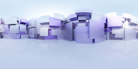 360 degree full panorama environment map of violet and white metal cubes abstract geometric shape building exterior