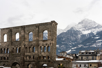 Roman arena in the city center of aosta during winter time - obrazy, fototapety, plakaty