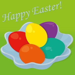 Happy easter congratulation card with colored eggs on plate vector illustration