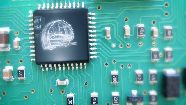 Microchip neural interface technology artificial intelligence brain implant. Futuristic circuit board with brain animation rotating over CPU